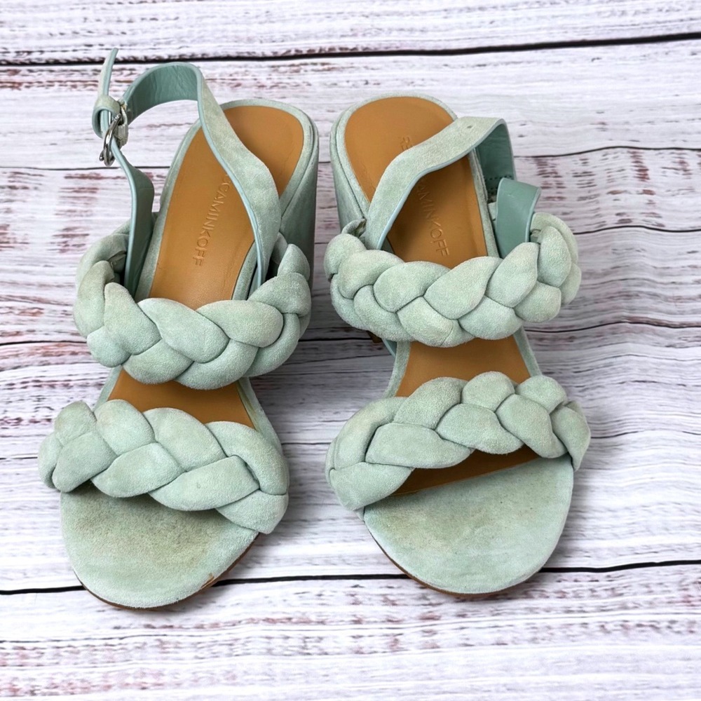 Rebecca Minkoff Mint Green Braided Suede Block Heel Sandals Women 7.5M Buckle